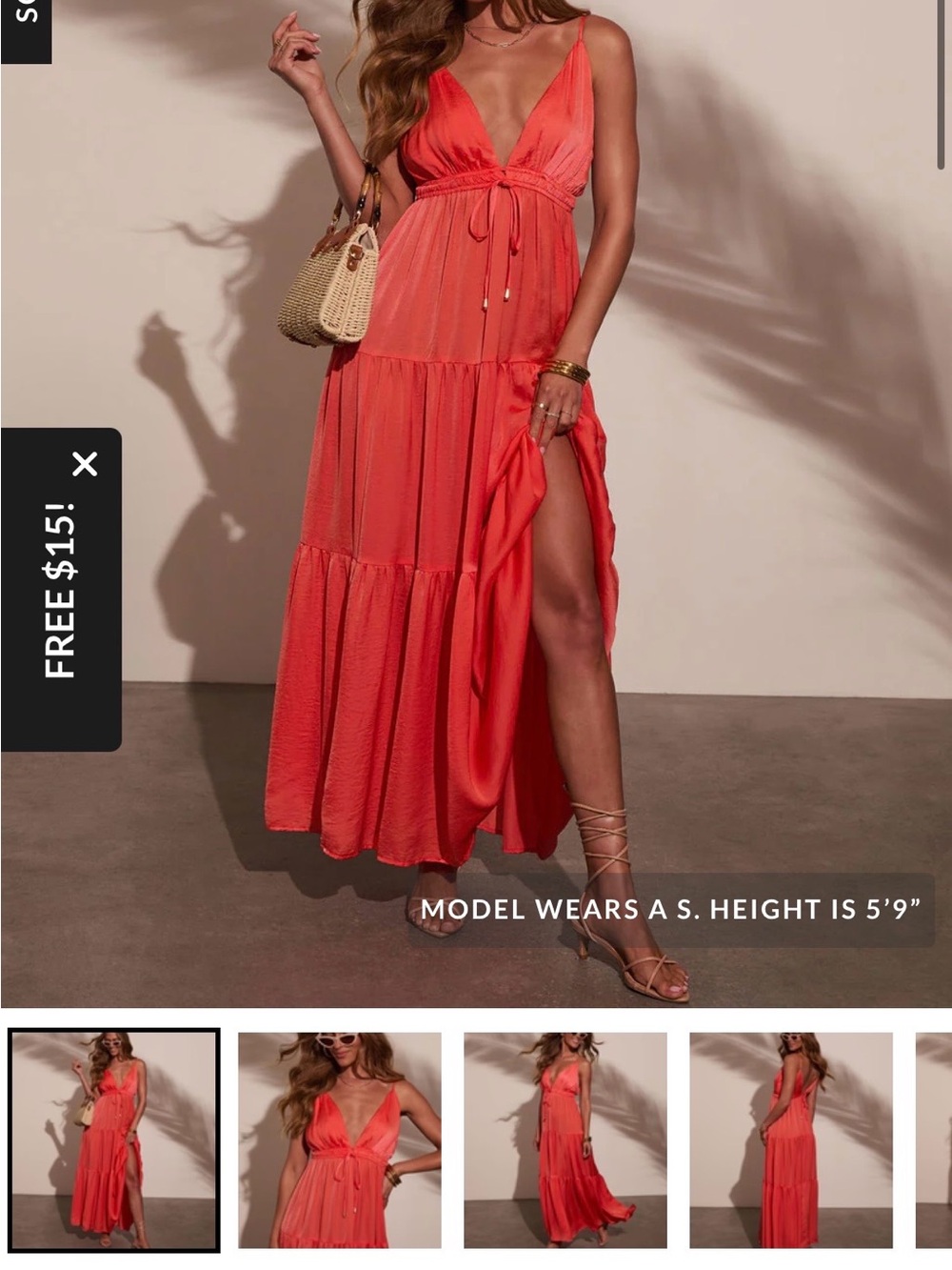 🦋Aakaa Coral-Red V-Neck Tiered Maxi Dress with Tie Waist